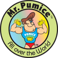 Mr. Pumice logo featuring a muscular cartoon character flexing while holding pumice stones, emphasizing brand identity.