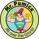 Mr. Pumice logo featuring a muscular cartoon character flexing while holding pumice stones, emphasizing brand identity.