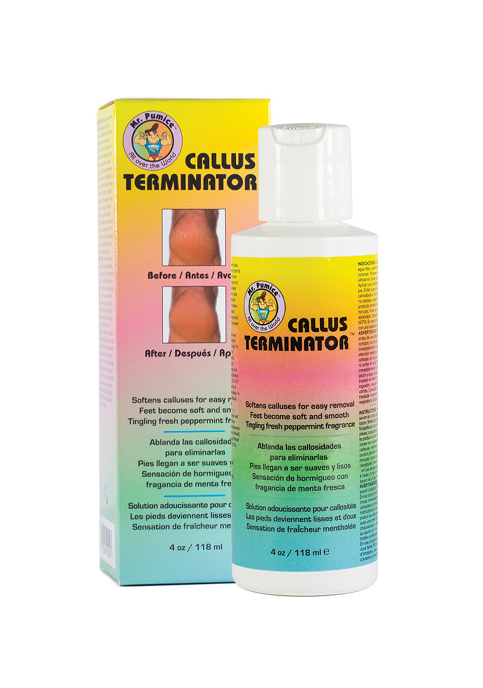 Mr. Pumice Callus Terminator with peppermint fragrance. Softens calluses for easy removal.