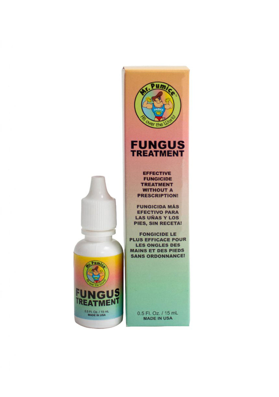 Mr. Pumice Fungus Treatment bottle and packaging for effective nail and foot care solution, made in the USA.