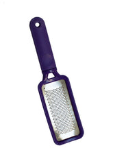 Purple-handled metal foot file for professional pedicure use, designed for callus removal and smooth skin.