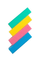 Stacked colorful Mr. Pumice nail buffers in green, yellow, pink, and blue. Professional-grade for salon use.