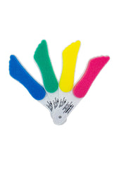 Mr. Pumice foot-shaped scrubbers in bright colors, ideal for smoothing and exfoliating dry, rough skin.